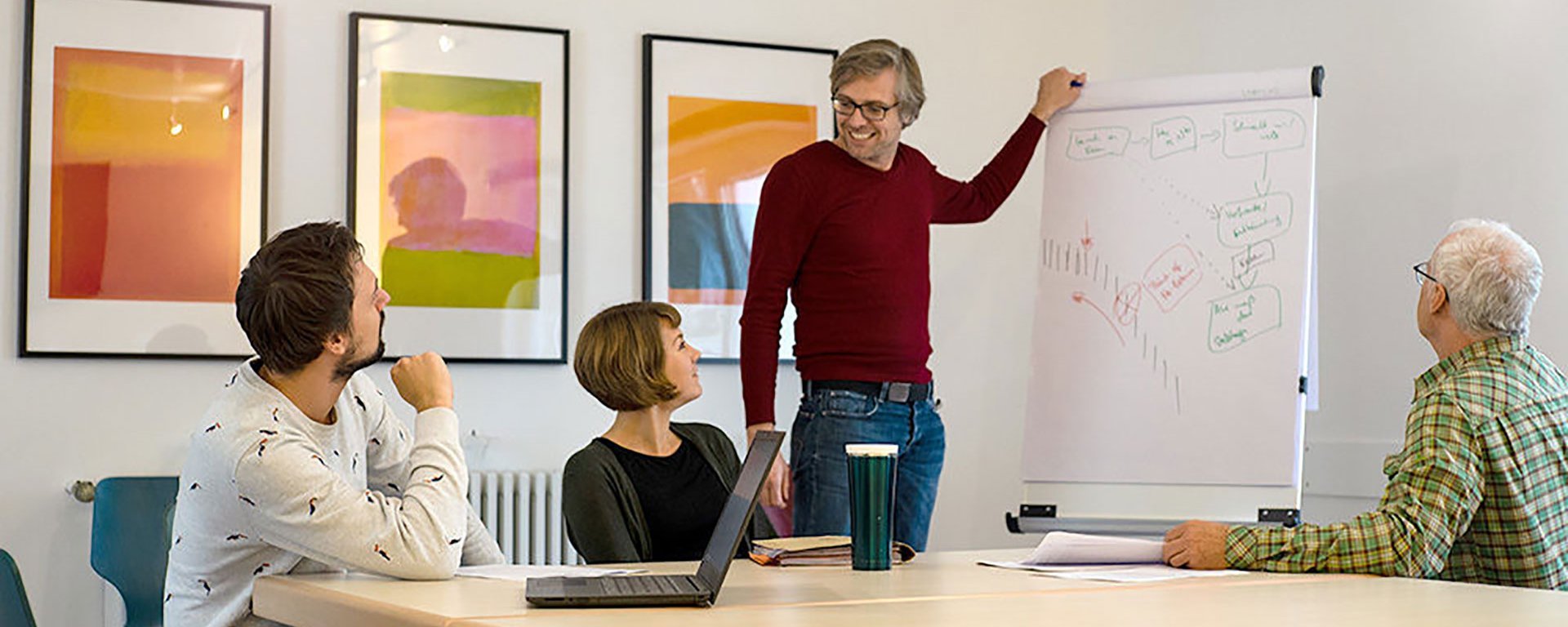 Besprechungsraum: ein junger Mann steht an einem Flipchart und erklärt einer kleinen Gruppe lächelnd sein "Gekritzel"